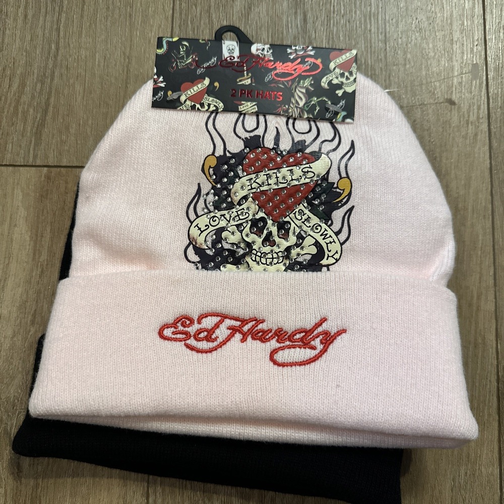 Ed Hardy 2pc‎ NEW Beanie Hat Set Skull Rhinestones Pink Tiger Patch Black OS